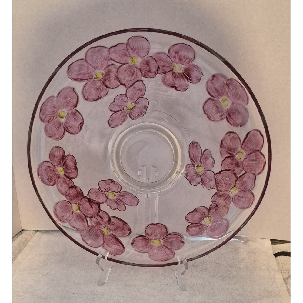 Platter Footed Colony Glass Pedestal Pink Dogwood Floral 1940s Large